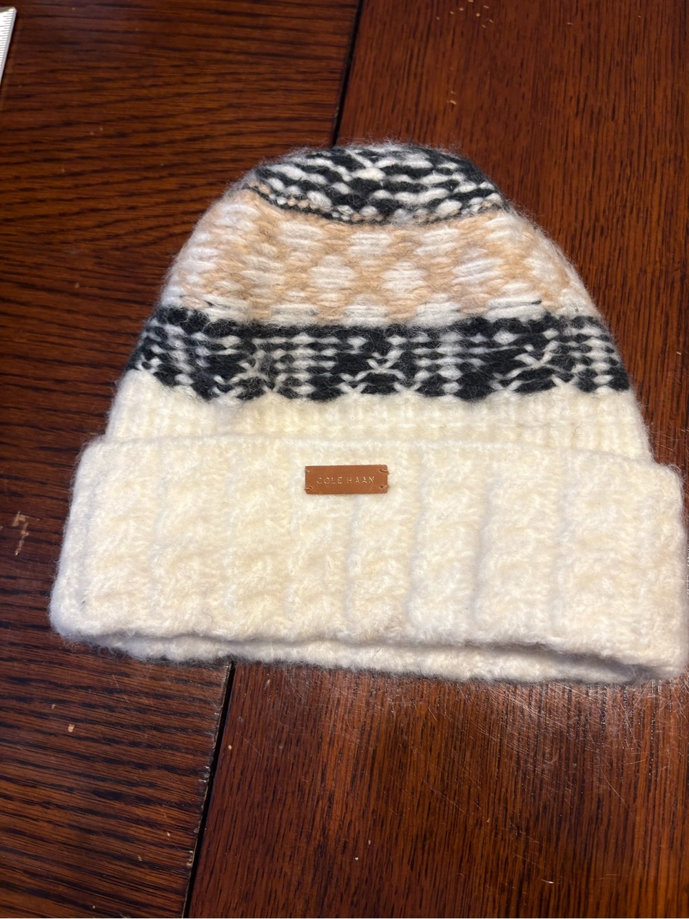 Cole Haan Cream Beanie with Black and Tan Patterned Bands
